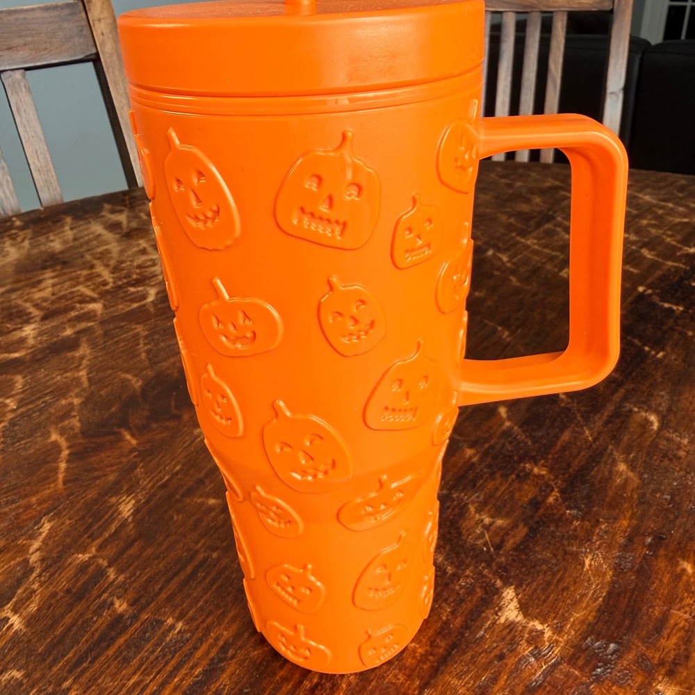Orange Halloween Jack-O-Lantern Pumpkin Embossed Tumbler Handle and Straw NEW - Picture 2 of 6